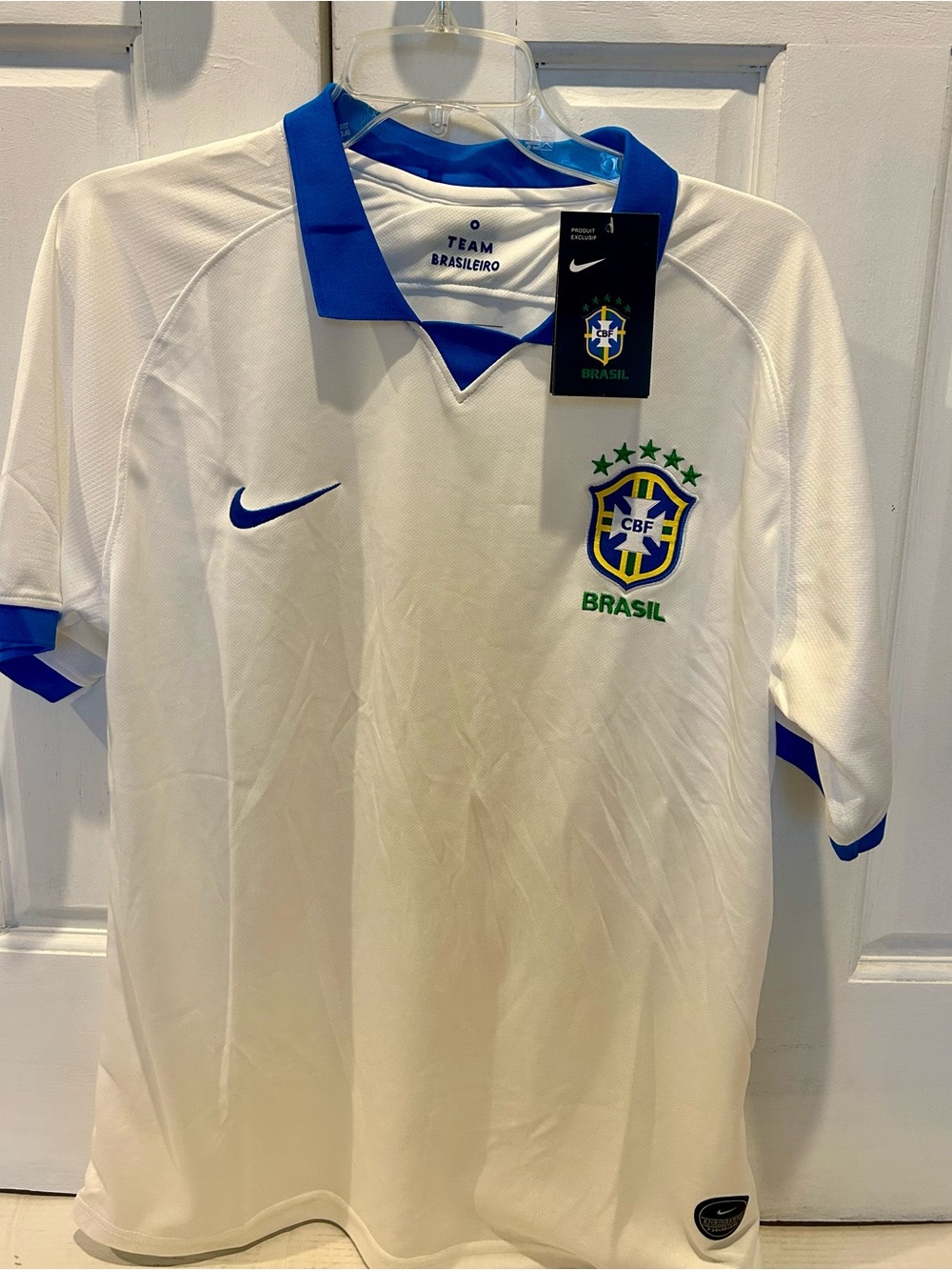 Nike White and Blue Brazil Team Polo-Style Soccer Jersey